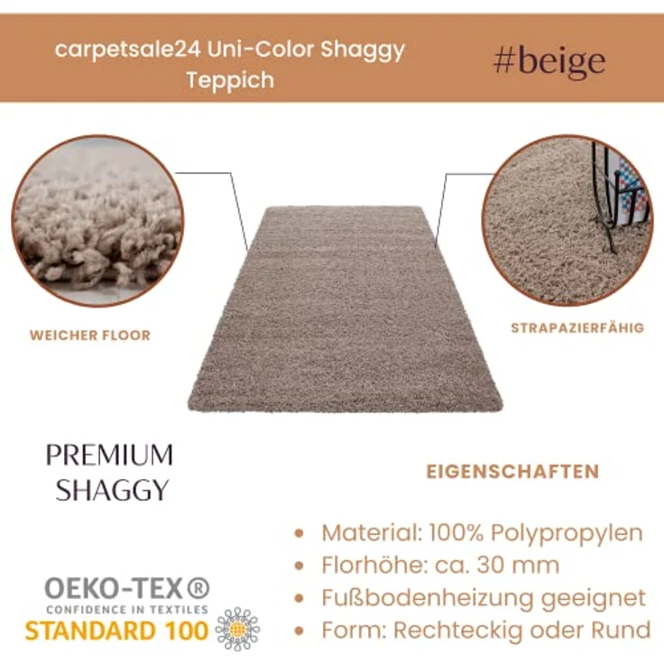 Carpetsale24 Shaggy Hochflor Teppich 60x110 cm Beige weich flauschig modern einfarbig Für Flur oder kleine Räume für Wohnzimmer Schlafzimmer Flur – Bild 3