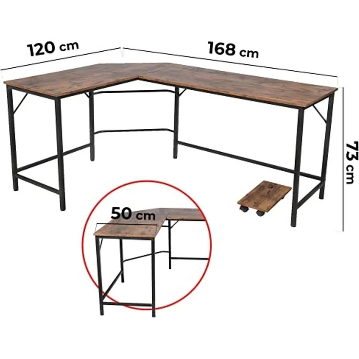 VENDOMNIA Eckschreibtisch Schreibtisch L Form - industrial Design, aus Metall (138x138 cm, mit mobiler Ablage, Schwarz Braun, Computertisch Bürotisch Arbeitstisch Home Office Büro Vintage Retro) – Bild 3