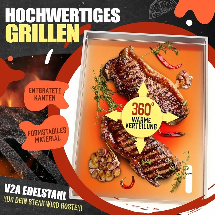 KESSER® Grillplatte Plancha aus Edelstahl 40x30cm rostfrei mit Fettablauf, hitzebeständig bis 800°C & Spülmaschinenfest für Gas & Holzkohlegrill inkl. 2 Spatel, Grillschürze, Grillmatte & Rezeptbuch Weiß, Plancha – Bild 3
