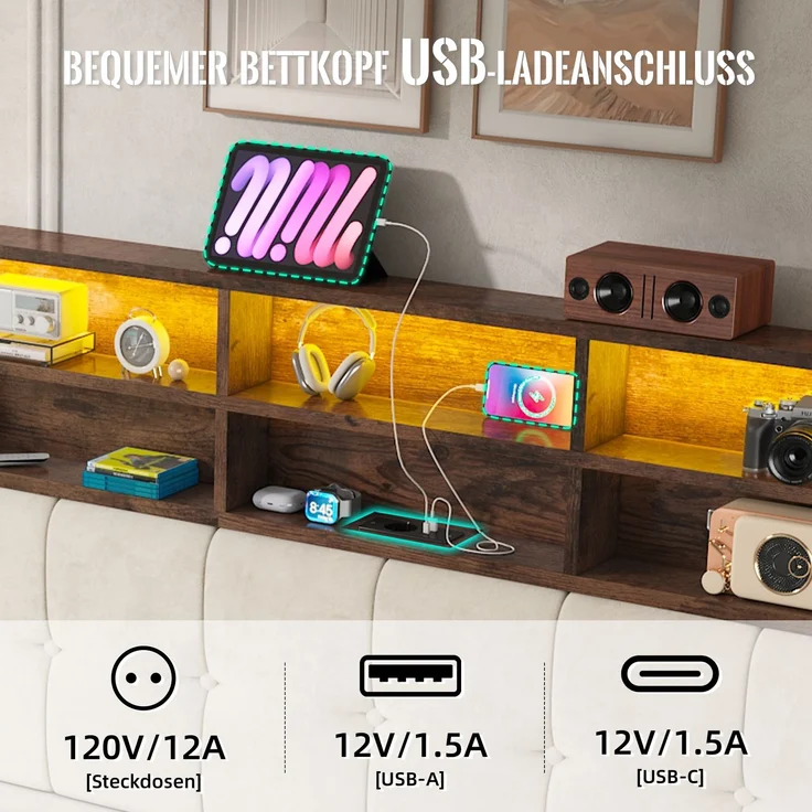 TavilaEcon Polsterbett mit Bettkasten und USB-C-Anschluss beige Liegefläche 160 × 200 cm – Bild 7