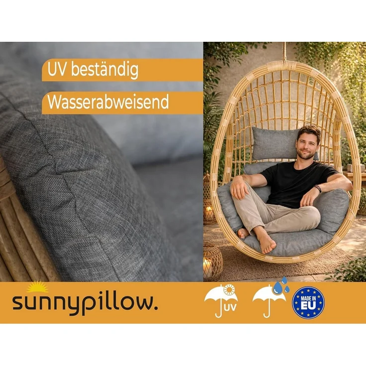 sunnypillow Hängesessel Auflage für Rattan & Polyrattan Hängeschaukel, Grau – Bild 2