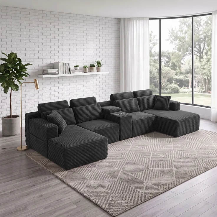 ZUBALIYA Boneless Compression Sofa, U-förmiges modulares Sofa mit integrierten Becherhaltern, Dunkelgrau, 372 x 151 x 80 cm