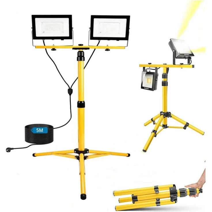 oyajia LED Baustrahler LED-Baustrahler mit Stativ, 2 x 200W, 34100 lm, Drehbarer LED Strahler, Höhenverstellbares Stativ und 5m Kabel, LED fest integriert, ‎Kaltweiß, Wasserdicht IP66 – für Garage, Werkstatt und Baustelle – Bild 1