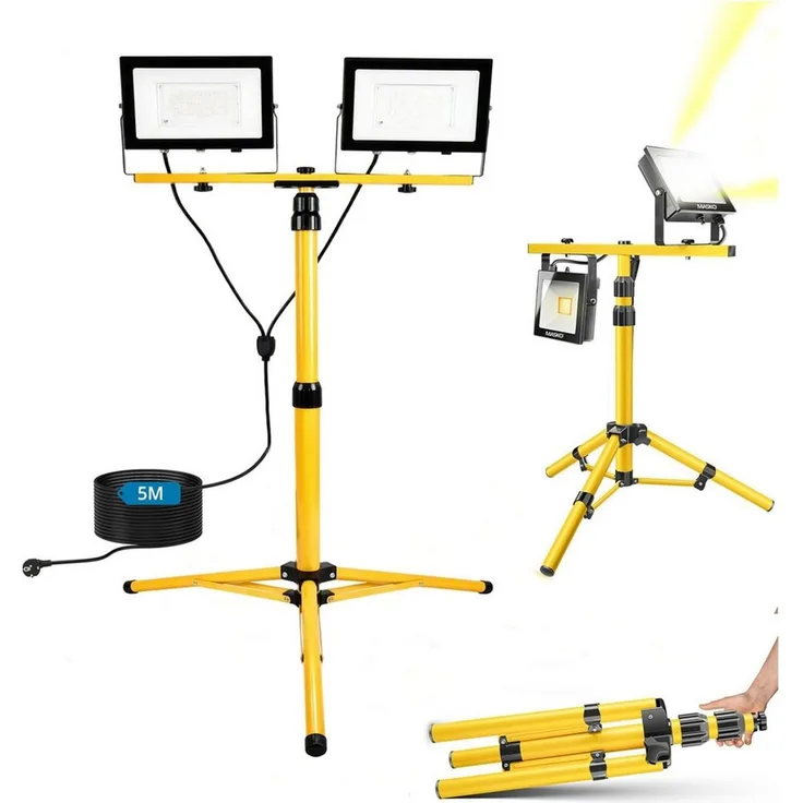 oyajia LED Baustrahler LED-Baustrahler mit Stativ, 2 x 200W, 34100 lm, Drehbarer LED Strahler, Höhenverstellbares Stativ und 5m Kabel, LED fest integriert, ‎Kaltweiß, Wasserdicht IP66 – für Garage, Werkstatt und Baustelle
