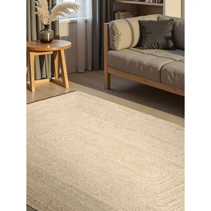 Hanse Home Juno Juteteppich - Natur Wohnzimmerteppich aus 100% Jute, Handgewebt - Robust & Pflegeleicht - Moderner, Boho Naturfaser Teppich für Wohnzimmer, Schlafzimmer - Reinweiß, 200x300cm