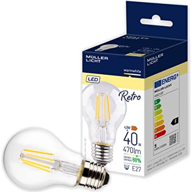 MÜLLER-LICHT Retro-LED-Lampe, 4,5 Watt (40 W Ersatz), Filament-Technologie, warmweißes Licht (2700 K), Klar, 15.000 Stunden Lebensdauer – Bild 1