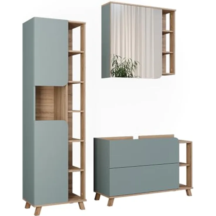 Vichy Badmöbel-Set Karen, 3-teilig, Sonoma/Blau, mit elegantem Waschbeckenunterschrank und geräumigem Spiegelschrank