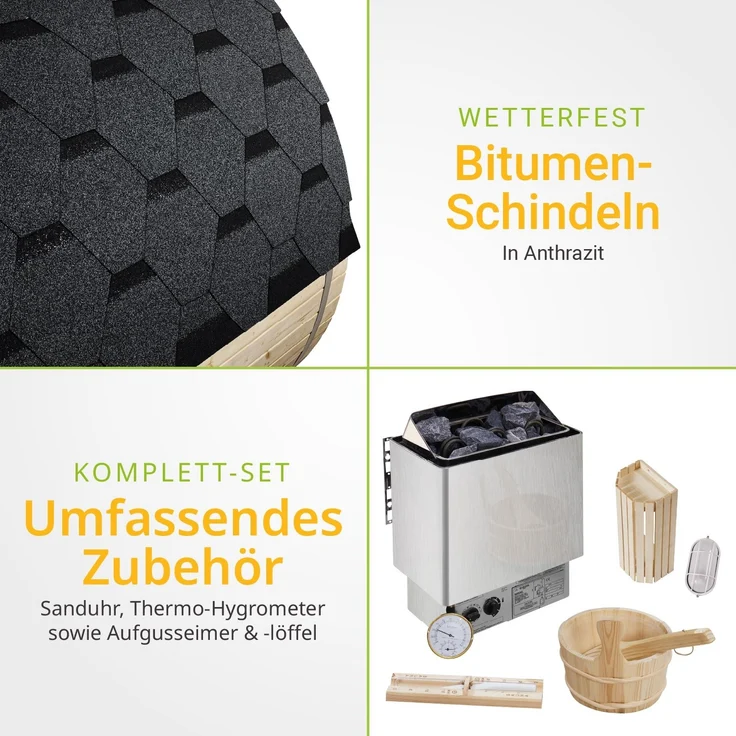Artsauna Outdoor Fasssauna Spitzbergen 220 für 6 Personen und zwei Bänken - 8 kW Ofen, Saunasteine & Zubehör - Saunafass aus Fichtenholz - Außensauna Gartensauna – Bild 6