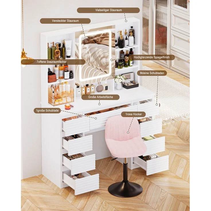 HOMALL Schminktisch LED-Schminkspiegel, schwarz-weißer Schminktisch und Hocker im Set (Kombination aus 9 Schubladen, 7 offenen Fächern und Stauraum hinter dem Spiegel, Maße: 108 x 40 x 146 cm, mit 2 Steckdosen, 1 USB-Anschluss und 1 Typ-C-Anschluss sow... – Bild 4