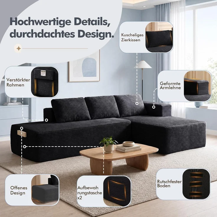 COMHOMA Ecksofa mit Schlaffunktion, 228cm Corduroy Modulares Boneless Couch mit Chaiselongue & Rücken-Metallgestell, L-Form Schlafsofa mit offenem Design, Kissen & Seitentaschen,für Wohnzimmer,Schwarz-L – Bild 8