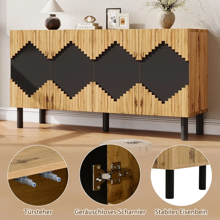 Merax 140cm Sideboard, Schrank mit 2 Türen, Schließfächer, Rautenmuster, aus robustem Spanplatte mit MDF, bis 50 kg belastbar, Holzfarbe+Schwarz – Bild 5