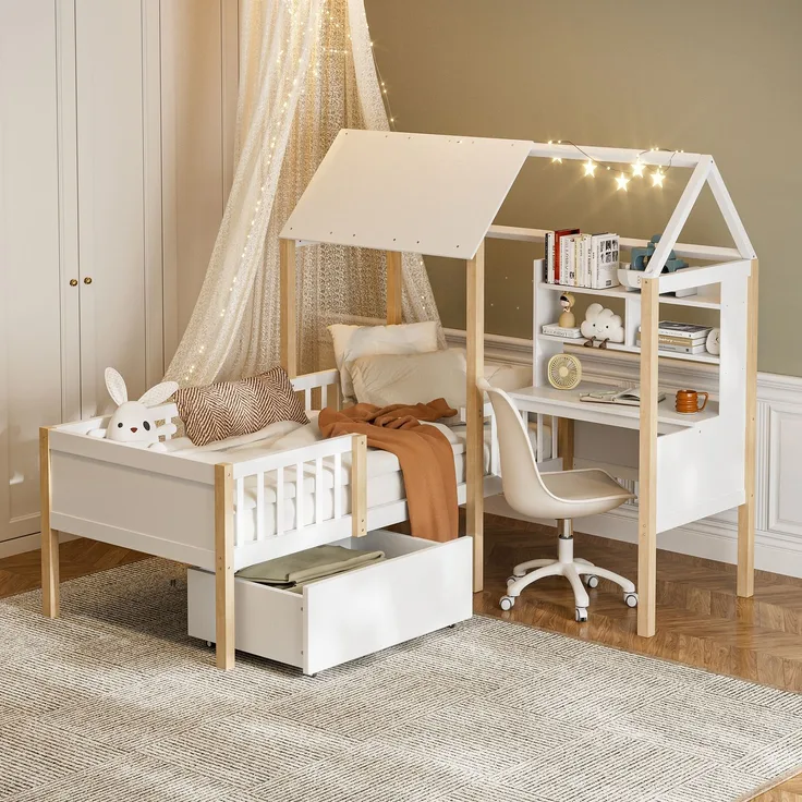 Kinderbett 90x200cm Weiß-Hellbraun Massivholz mit L-förmigem Schreibtisch, Bücherregal, Rollschubladen und Rausfallschutz