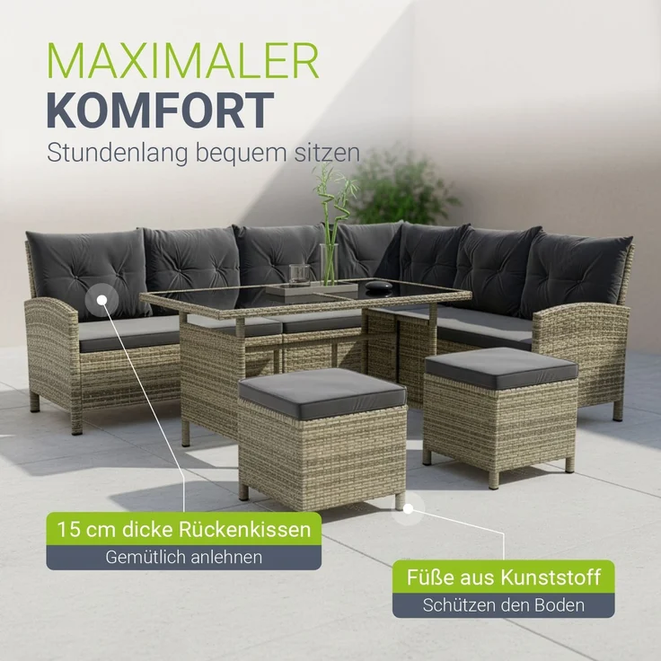 Juskys 'Manacor' Lounge mit Sofa, Tisch, 2 Hocker & Kissen, Polyrattan grau-meliert, 7 Personen – Bild 5