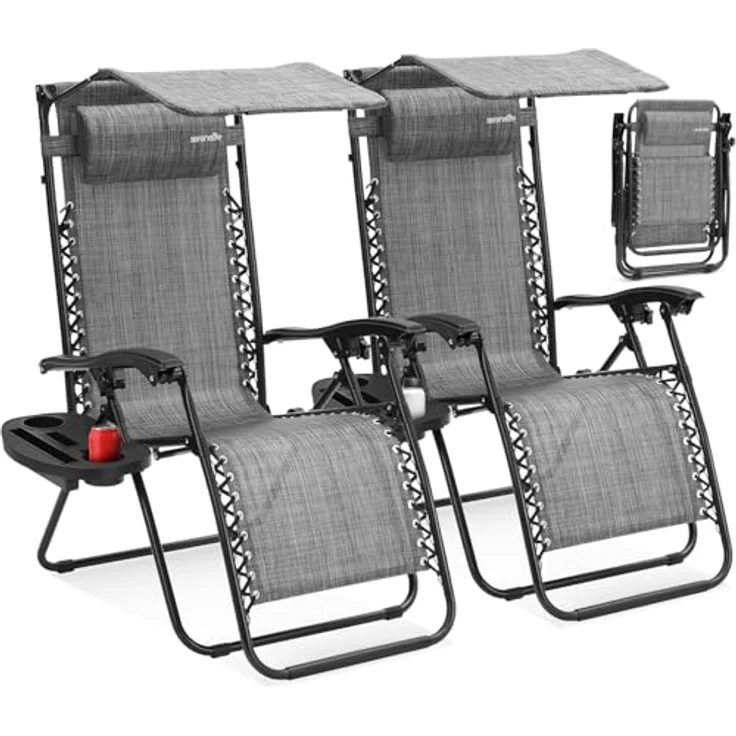 SereneLife Liegestuhl Klappbar 2er Set, Gartenliege Wetterfest für Balkon, Strand, Terrasse & Garten, Campingstuhl mit Sonnendach, Beistelltisch & Getränkehalter, Relaxliege mit Stahlrahmen, Schwarz – Bild 2