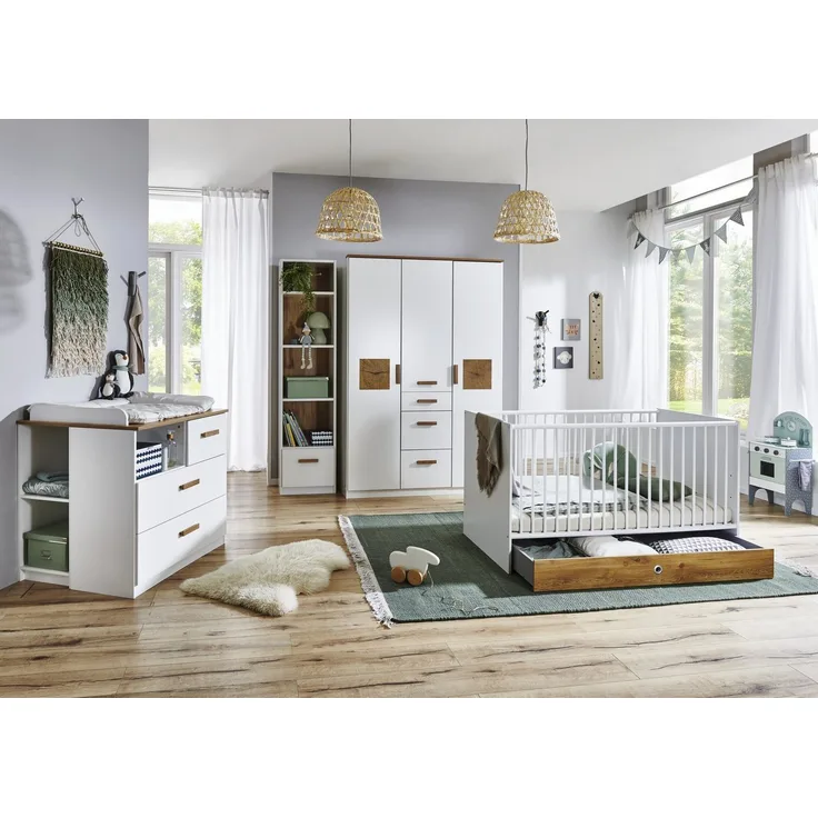 Babyzimmer Gotland 7 teiliges Kinderzimmer Komplett Set in Weiß, Plankeneiche und Hirnholz