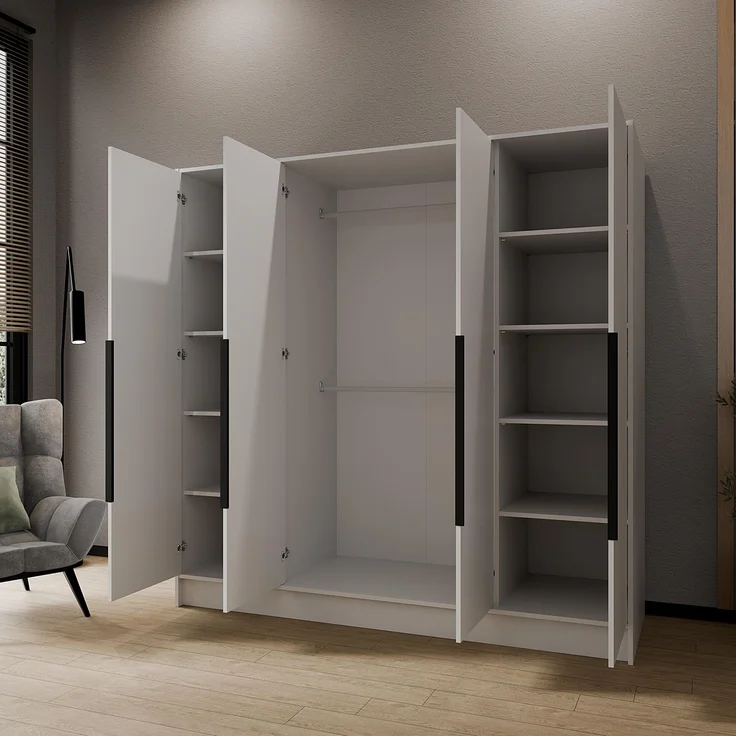 MEBLINI Kleiderschrank PORTINA 200cm - Weiß Matt - mit schwarzen Griffen - Drehtürenschrank ohne Spiegel - Kleiderstangen und Regalböden – Bild 4