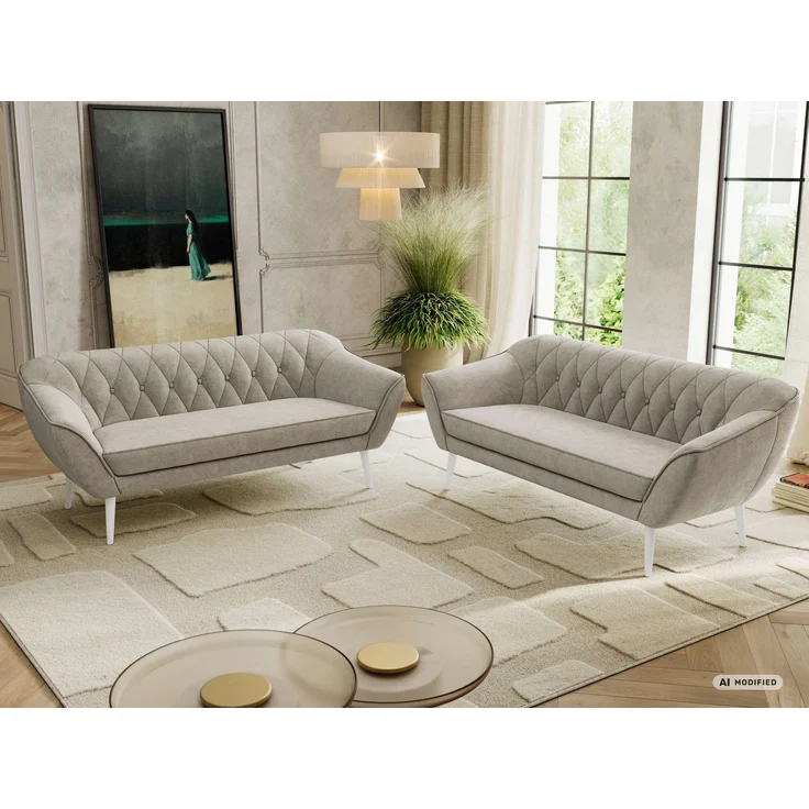 Wohnzimmerset Möbelset PIRS 3-3, Armlehnen, Wellenfederung, weiße Füße, Dreisitzer Sofa, Polstermöbel Set - Beige Stukture – Bild 5