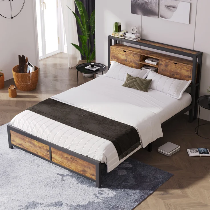 Metallbett mit Stauraum-Kopfteil & Metallgestell, 145x216x100 cm, Natural, ohne Matratze – Bild 3