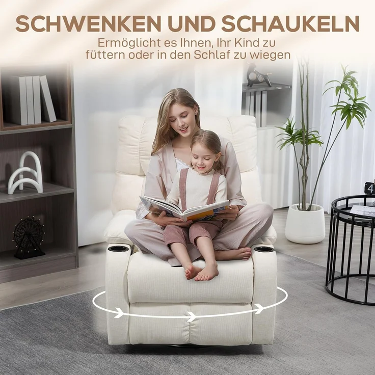 HOMCOM Relaxsessel Fernsehsessel mit Liegefunktion, Schaukelfunktion (Drehbar TV-Sessel mit Fußstütze, 1-St, Taschenfederkern, Becherhalter), für Wohnzimmer, Beige – Bild 5
