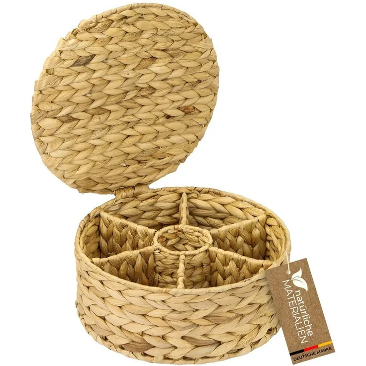 HMF Teebox Teebox für Teebeutel geflochten aus Wasserhyazinthe, Wasserhyazinthe, Tee Aufbewahrungsbox mit 7 großen Fächern, 27 x 27 x 11 cm