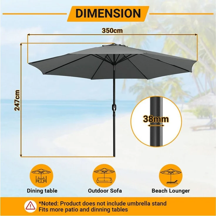 Clanmacy Sonnenschirm Sonnenschirm Ø350 cm Balkonschirm Gartenschirm UV50+ ohne Knick Grau, LxB: 350x350 cm, Stabiler knickbar/für Garten, Balkon, Terasse/Sonnenschutz – Bild 1