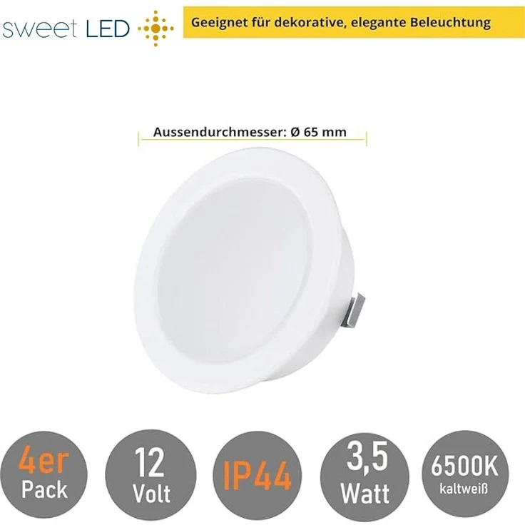 Sweet LED LED Einbaustrahler 4er Set 3,5 W Möbelleuchten IP44 weiß 12 V, spritzwassergeschützt, LED fest integriert, 6500K - kaltweiß, Vitrinenbeleuchtung, Möbeleinbaustrahler – Bild 3