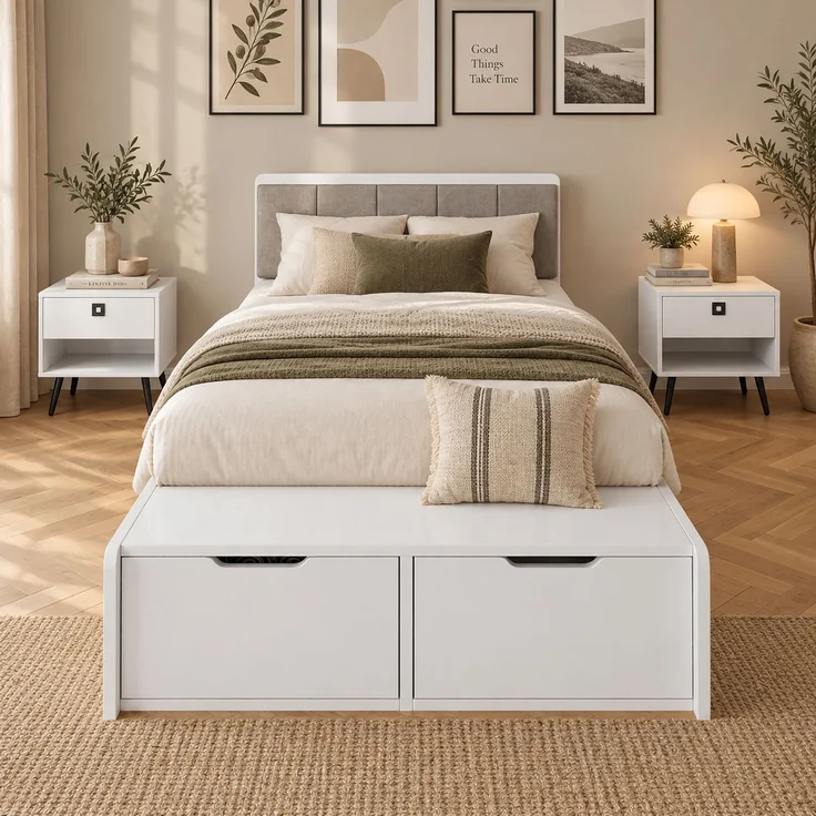Holzbett 90×200 cm mit 2 Schubladen und gepolstertem Kopfteil, Weiß, ohne Matratze – Bild 3