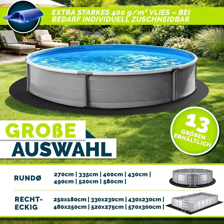 tillvex® Premium Pool Unterlage Rund 400 cm Geotextil 400g/m² | Bodenplane für Pools bis Ø 370 cm | Poolmatte zuschneidbar Bodenschutzvlies Schwimmbecken | Reißfeste Poolunterlage Bodenschutzmatte – Bild 2