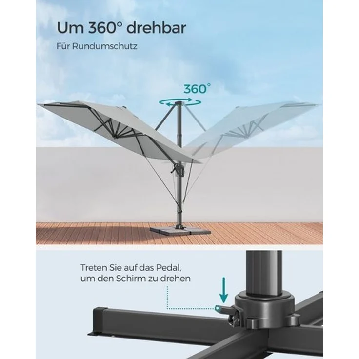 Songmics Sonnenschirm mit Ständer, 360° drehbar, UPF 50+, Hellgrau, 253 x 290 x 290 cm – Bild 5