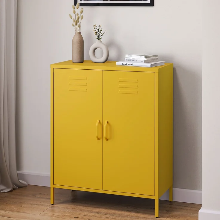 skølm 'Atria' Metallkommode, senfgelb, 100x38x80 cm, Metallschrank mit 3 Fächern – Bild 1