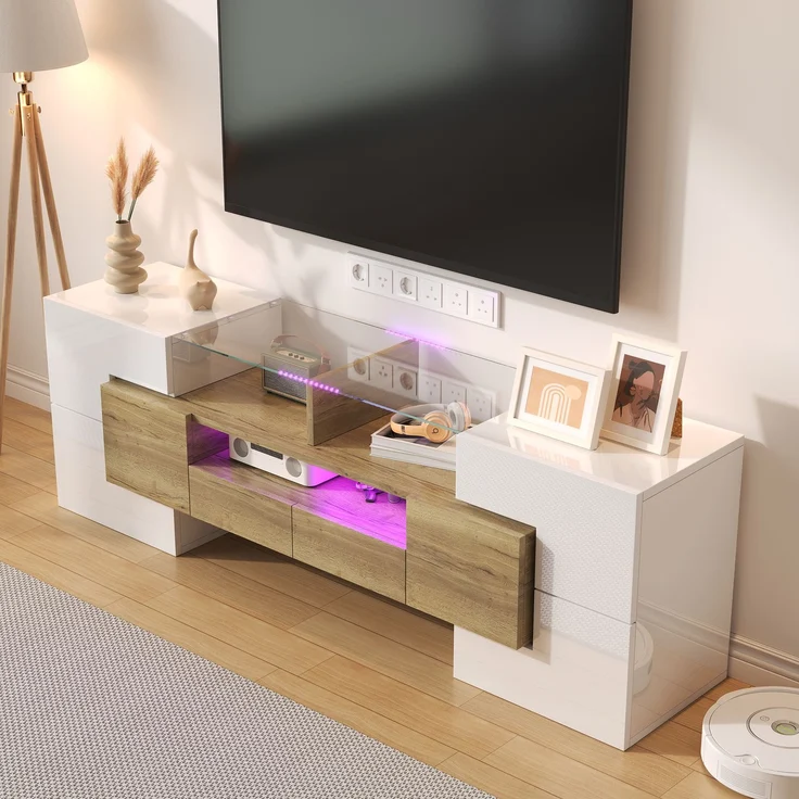 TV-Schrank 145 cm Hochglanzweiß und Holz mit LED-Beleuchtung, 6 Türen, 2 Schubladen, 3 offene Fächer – Bild 5