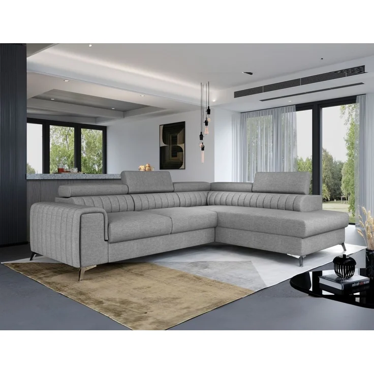 Ecksofa mit Schlaffunktion Sofa ELENI Stoff Sawana Hellgrau Ottomane Rechts – Bild 1