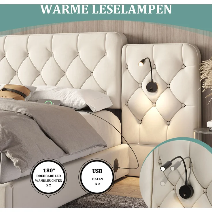 Polsterbett, Samt mit USB-Anschluss, Leselampen & Stauraum, 160x200 cm, Beige, ohne Matratze – Bild 5