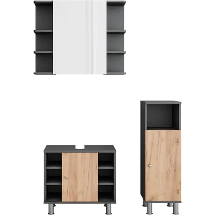 Vichy Badmöbelset Fynn, 3-teiliges Badspiegelschrank-Set mit Midischrank, Anthrazit/Goldkraft Eiche, umfangreicher Stauraum – Bild 1