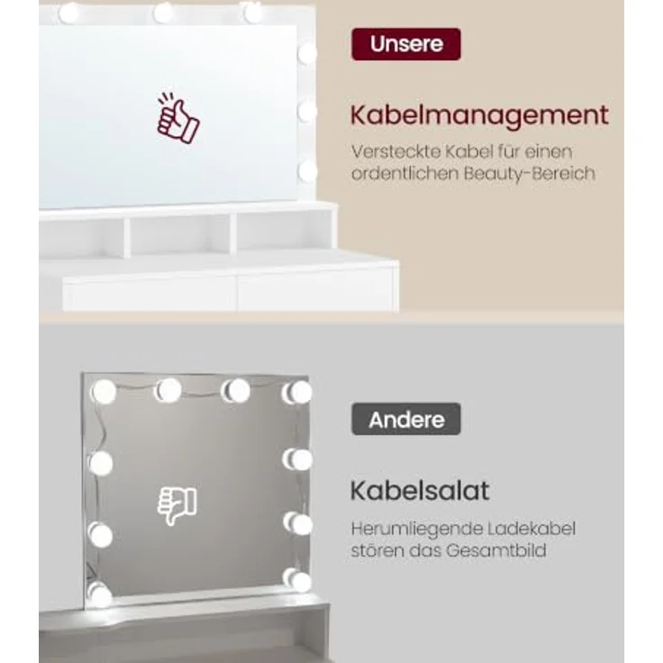 VASAGLE Schminktisch mit Beleuchtung und Hocker Set, Weiß | Moderner Kosmetiktisch mit Spiegel und LED, 2 Schubladen, Organizer für Schlafzimmer, KAILYN Kollektion – Bild 6