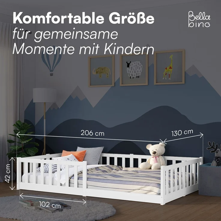 Bellabino 'Vere' Bodenbett 120x200 cm mit Matratze, weiß, Massivholz Kiefer, Montessori Kinderbett mit Rausfallschutz und Lattenrost – Bild 8