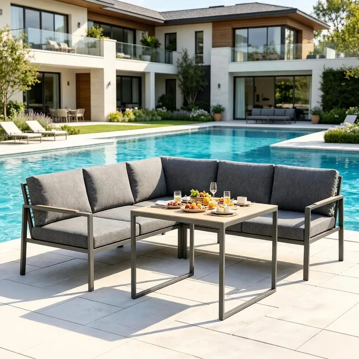 Gartenlounge für 5 Personen, 3-teiliges Gartenmöbel-Set mit Ecksofa, Couchtisch und Sitzkissen für Terrasse und Garten, Dunkelgrau