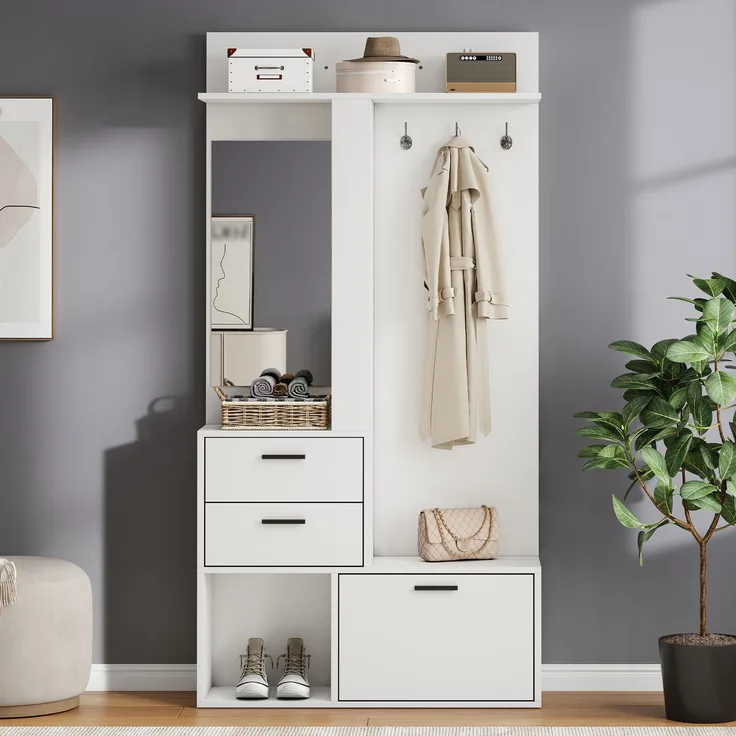 Garderobenständer, Kleiderständer, Schuhbank, Garderobe, 2 Schubladen,3 Haken für Jacken, Hüte, Ein Glasspiegel, daneben drei Regalböden, Flur, Schlafzimmer, Wohnzimmer, 90x30x180cm,weiß