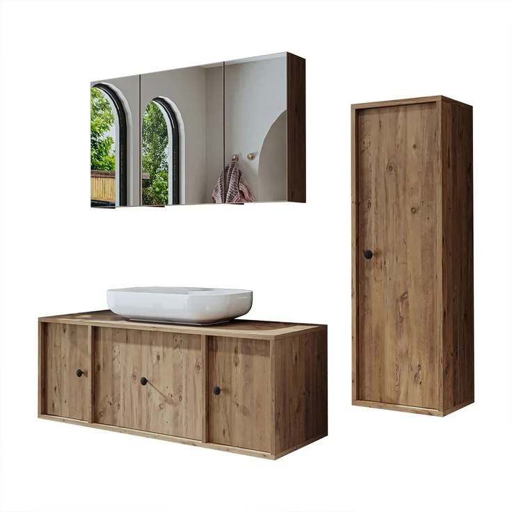 Roomart GUSTO-I-120 Badmöbel Set– 4-teiliges Badezimmermöbel Set - Waschbeckenunterschrank mit Keramikwaschbecken, Spiegelschrank & Hochschrank - H 45 x B 45 x T 120 cm • Eiche – Bild 7