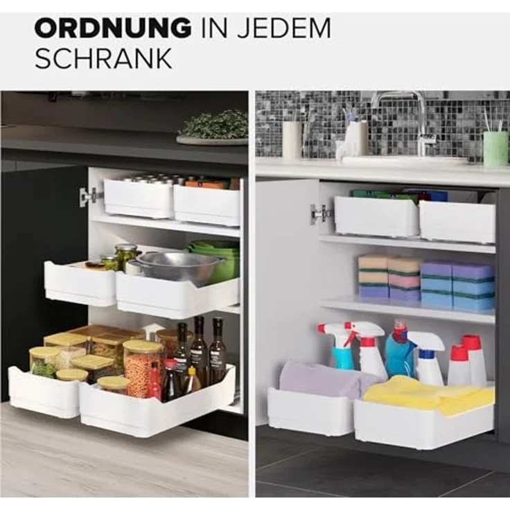 tesa Küchenorganizer-Set Schubladen Organizer Küche, nachrüstbar, ausziehbar, selbstklebend, (Pull Out ausziehbare Küchen-Schublade, 2x Auszugsschienen, 1x Regalboden, 5x Powerstrips-Blätter, uvm, 8-tlg, inkl. Bodenauszug mit 15 Powerstrips & Andrückhi... – Bild 4