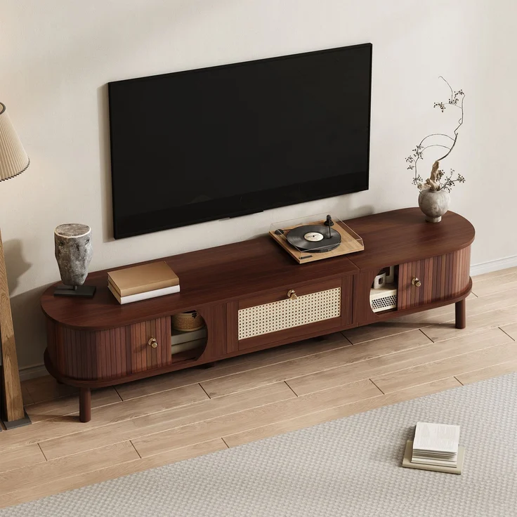 TV-Schrank Holz mit Rattanschubladen, Massivholztüren, Schiebetür, stabiles Design,Walnuss – Bild 4