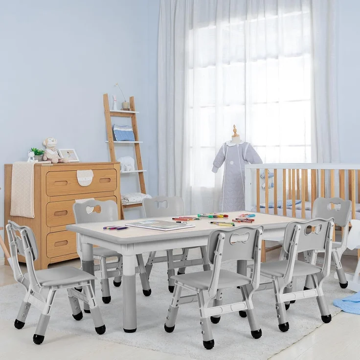 Clevich Kindertisch mit 6 Stühlen,Kinder Tisch Stuhl Set für Kindergarten und Kinderzimmer,Kindertischgruppe Höhenverstellbar,Plastik Kindermöbel,Sitzgruppe für Jungen Mädchen,Grau – Bild 8