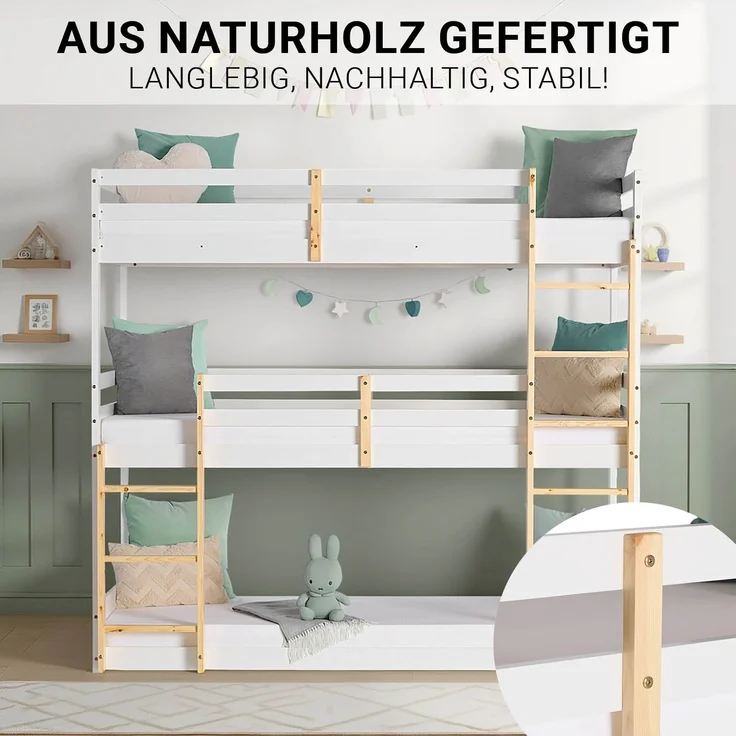 Homestyle4u Kinderbett Etagenbett 90x200 Kinder Dreifachbett Hochbett Weiß Holz Natur Stockbett Spielbett – Bild 5