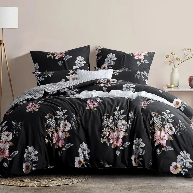 Bettwäsche 200x220 3tlg Schwarz Blumen Muster Mikrofaser Bügelfrei – Bild 1