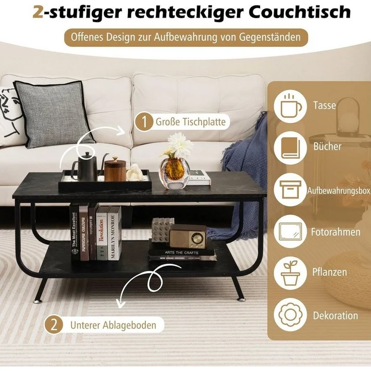 COSTWAY Couchtisch, Marmor, rechteckig, mit Stauraum, 105x55x46,5cm, schwarz – Bild 3