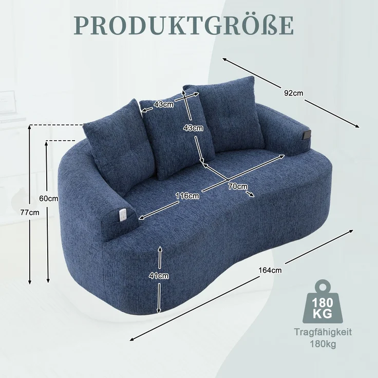 LVHOM 2-Sitzer Sofa mit 3 Kissen, Cloud Sofa mit komprimiertem Design, kein Aufbau erforderlich, Doppelsofa aus Chenille, Blau – Bild 7