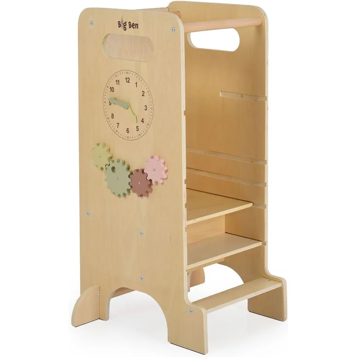 Moni Kinder Lernturm 4 in 1 Big Ben Rutsche Tafel Hochstuhl Uhranzeige Motorik braun