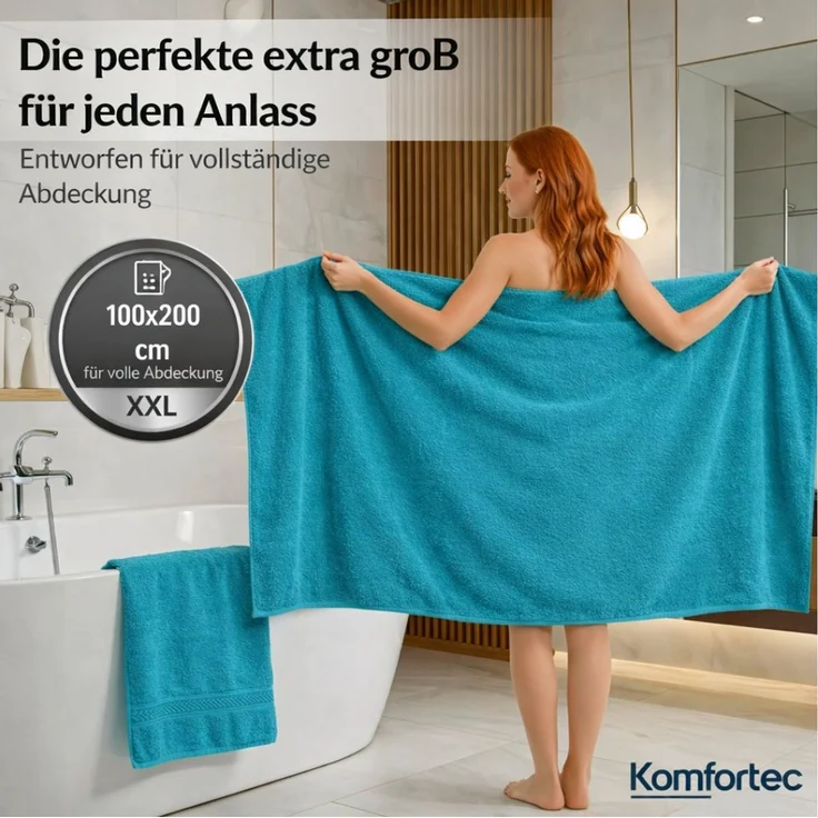 Komfortec Badetuch 100x200 cm aus 100% Baumwolle, Saunatuch XXL, Weich, Groß, Frottee, Schnelltrocknend, Türkis – Bild 2