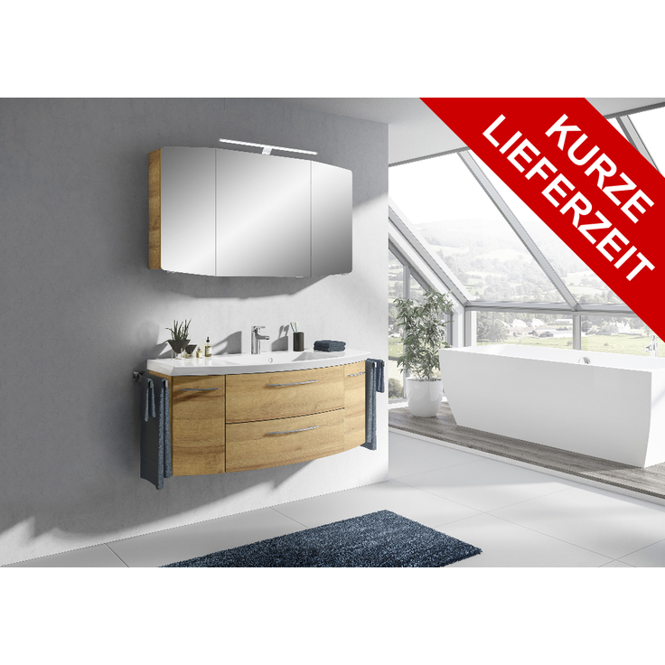 PELIPAL Cassca Sprint Bad Möbel / Riviera Eiche quer NB, Spiegelschrank + Waschtisch + Unterschrank