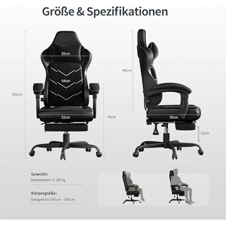 JUMMICO Gaming Stuhl Stoff Ergonomisch für Langzeitkomfort, Bürostuhl mit Fußstütze & Dynamischer Lordosenstütze, Atmungsaktiver Schreibtischstuhl für Gaming & Homeoffice, 150kg, Schwarz – Bild 3